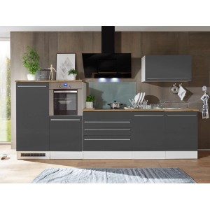 Respekta Premium Küchenzeile 320 cm in Grau-Weiß Hochglanz mit E-Geräten und Wildeiche Arbeitsplatte.