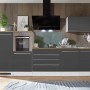 Respekta Premium Küchenzeile 320 cm in Grau-Weiß Hochglanz mit E-Geräten und Wildeiche Arbeitsplatte.