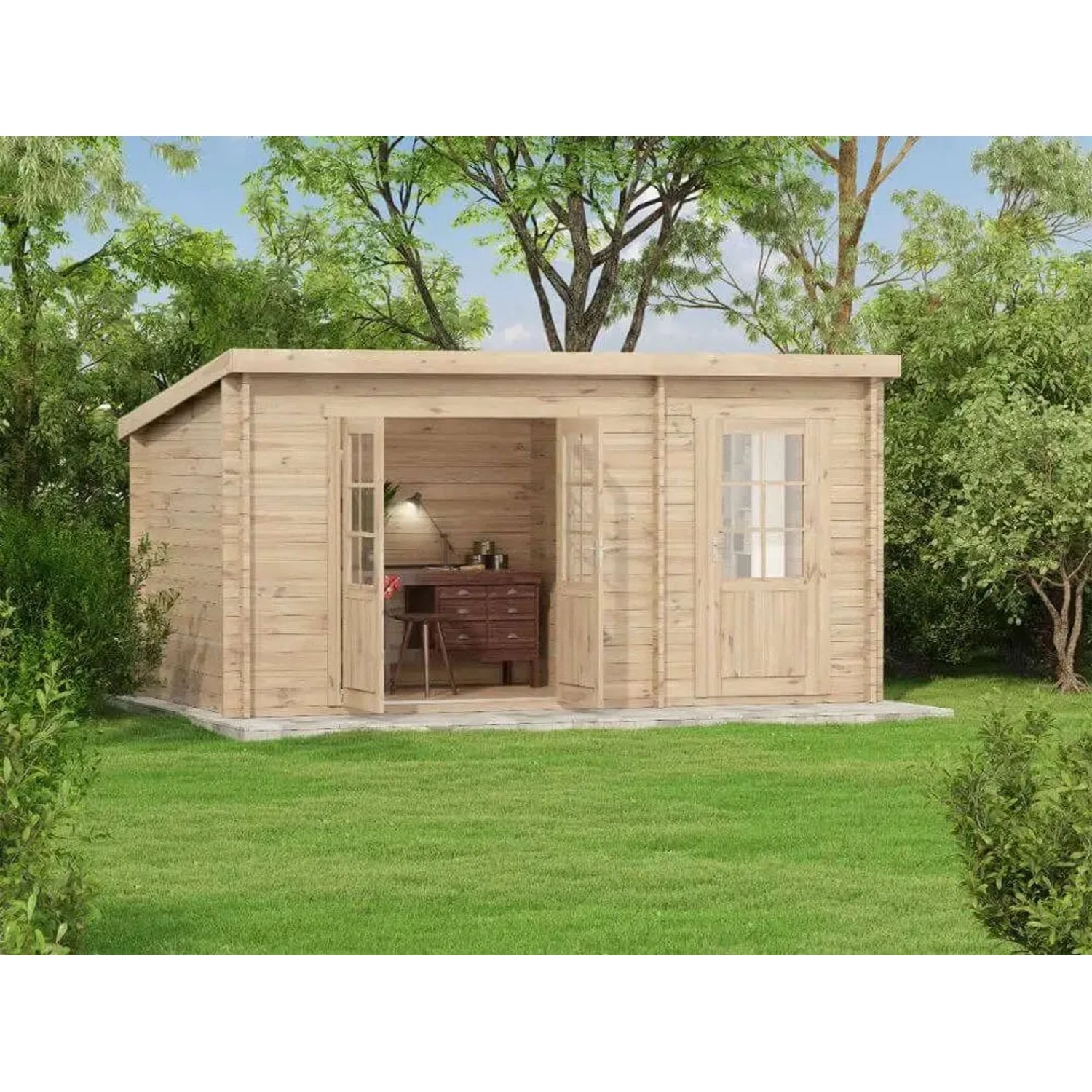 Alpholz Gartenhaus Maria mit Pultdach und Anbaudach, tauchimprägniert, 450x279 cm.