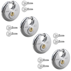 4er Set Basi Rundbügel-Vorhangschlösser, 70mm, gleichschließend, Edelstahlgehäuse mit Schlüsseln.