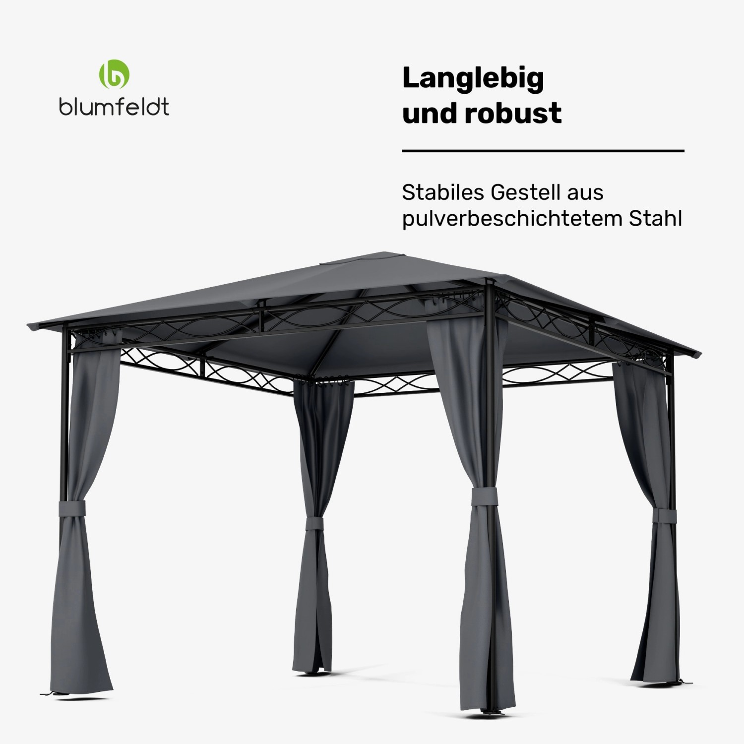 Blumfeldt Mondo Gartenpavillon, dunkelgraues Partyzelt mit Stahlrahmen und Polyester-Seitenwänden.