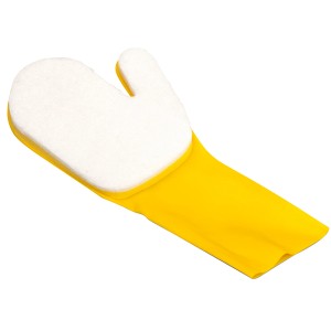 Gelber Gre Handschuh mit Schwamm zur Poolreinigung.