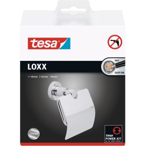 tesa® LOXX Toilettenrollenhalter mit Deckel, hochglanzverchromt, zur Wandmontage ohne Bohren.