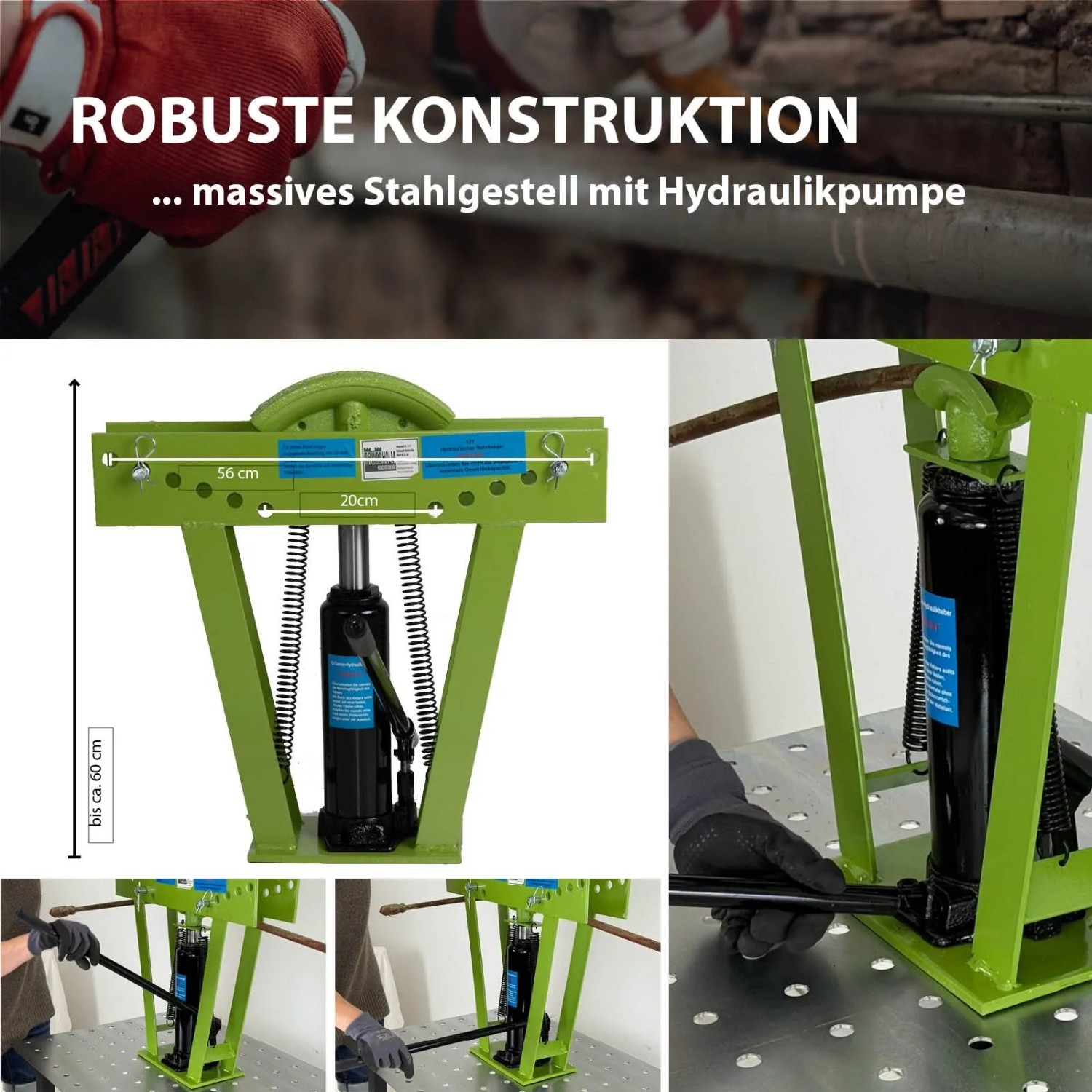 TRUTZHOLM Rohrbiegemaschine, hydraulisch, 12t, mit 6 Matritzen für präzise 90-Grad-Biegungen.