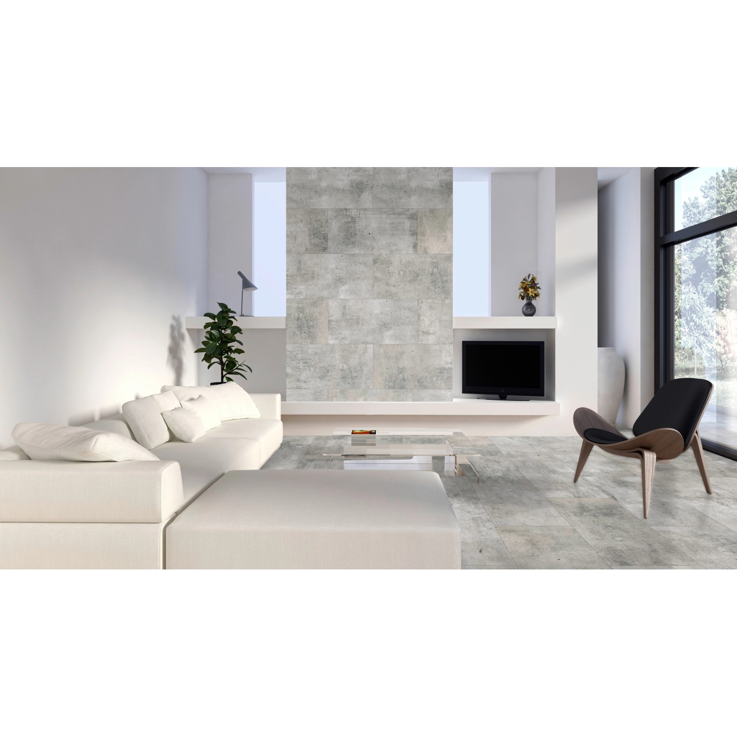 Wohnraum mit Classen Ceramin Fliesen Neo Vario Casa in Steinoptik als Wand- und Bodenfliese.