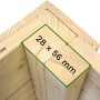 Detailaufnahme Ecke Holz-Gartenhaus Bertilo, unbehandelt, mit Maßangaben 28 x 56 mm und 14 mm Wandstärke.