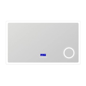 Rechteckiger Badspiegel 120x70cm mit LED Beleuchtung, digitaler Uhr-/Temperaturanzeige und beleuchteter Lupe.