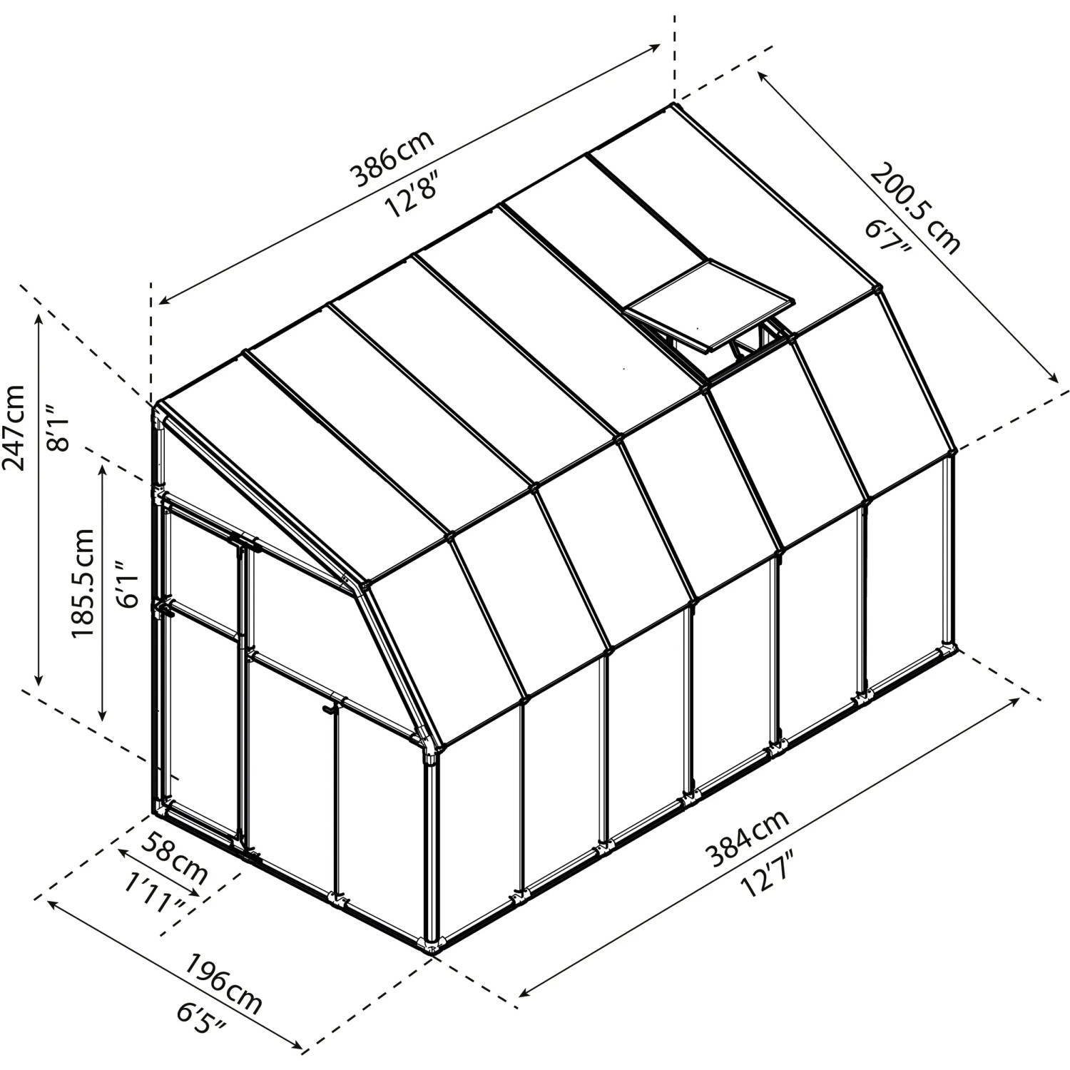 Technische Zeichnung des weißen Palram Canopia Sun Room Gewächshauses (386x201cm) mit Maßangaben.
