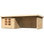 Karibu Holz-Gartenhaus Ängelholm mit Pultdach, unbehandelt, mit Anbau und Doppeltür.