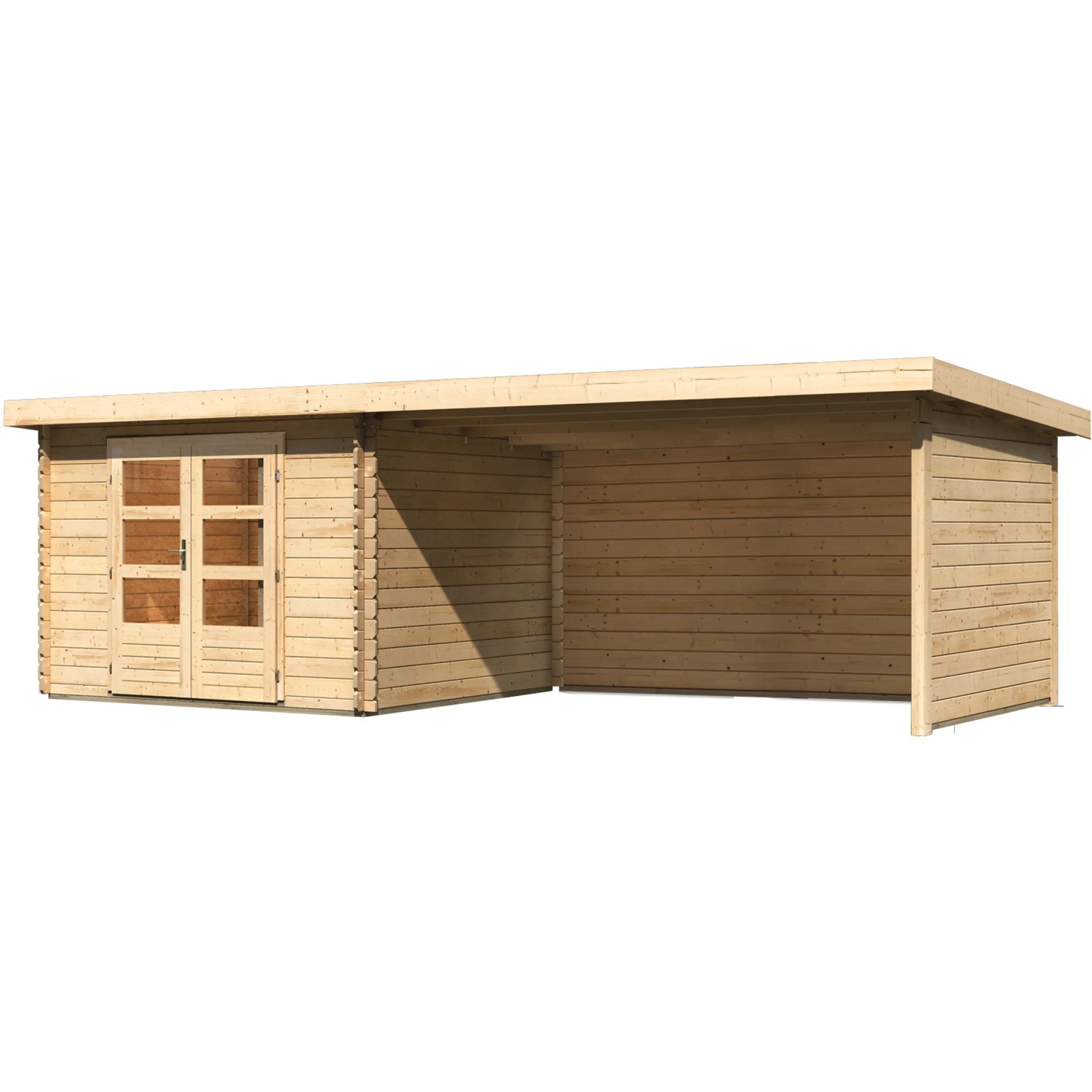 Karibu Holz-Gartenhaus Ängelholm mit Pultdach, unbehandelt, mit Anbau und Doppeltür.