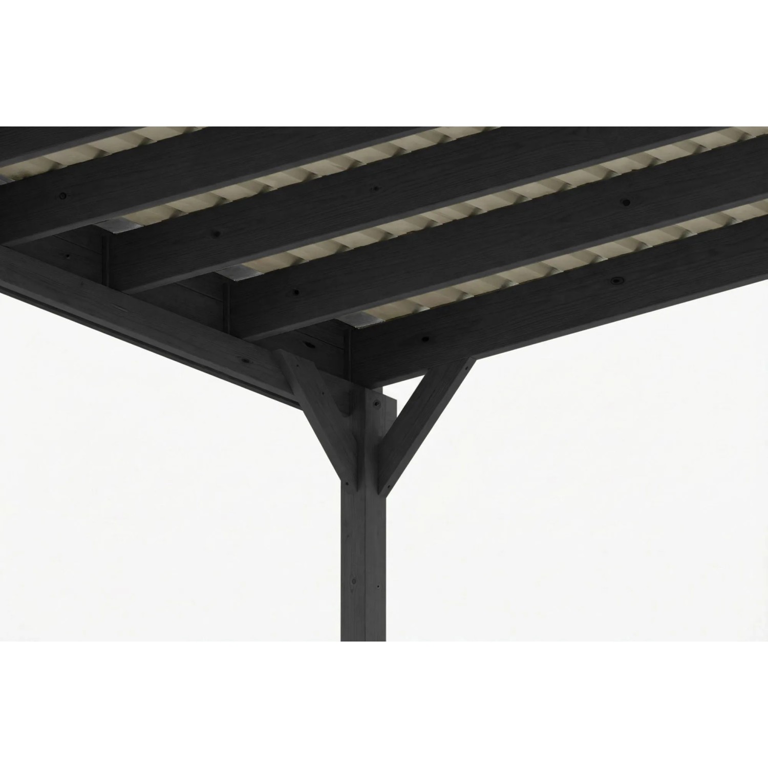 Anthrazitfarbener Holz-Carport Friesland: Detail der robusten Flachdach-Konstruktion mit Pfosten und Querbalken.