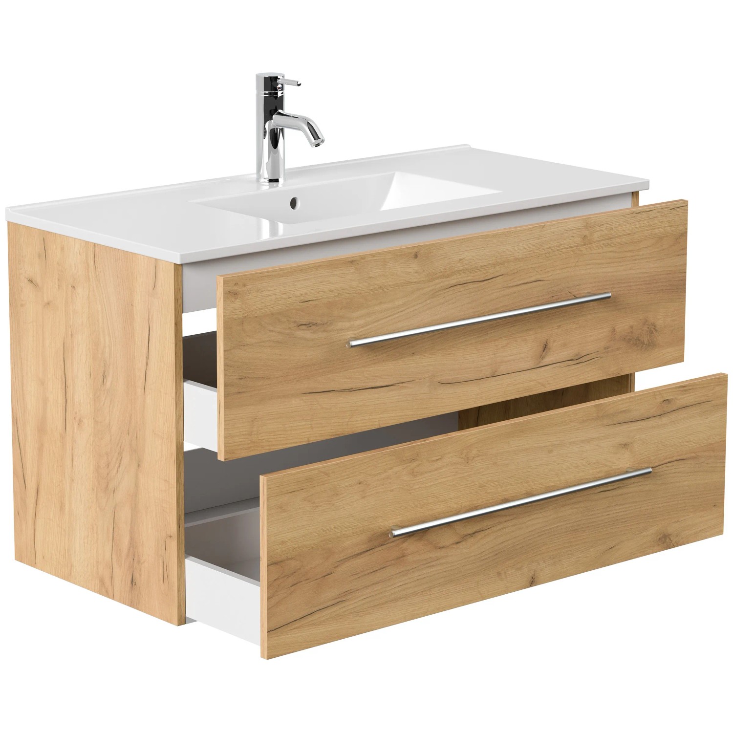 Posseik Badmöbel Homeline 100 Eiche Gold mit Waschbecken und zwei offenen Schubladen.