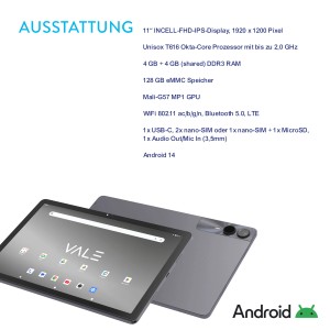 Vale Tablet V11E LTE, 27,9 cm (11 Zoll) Display, Grau-Anthrazit Metallic