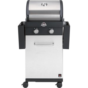 Jamestown Maddox Gasgrill mit 2 Brennern, Edelstahl, mit klappbaren Seitentischen und Thermometer.