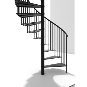 Schwarze Minka Spindeltreppe Portofino (160 cm) aus Metall mit Stabgeländer.