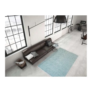Türkiser MeGusta Teppich Marisol, 80x150 cm, Baumwoll-Flachflor mit Rautenmuster im Wohnraum.