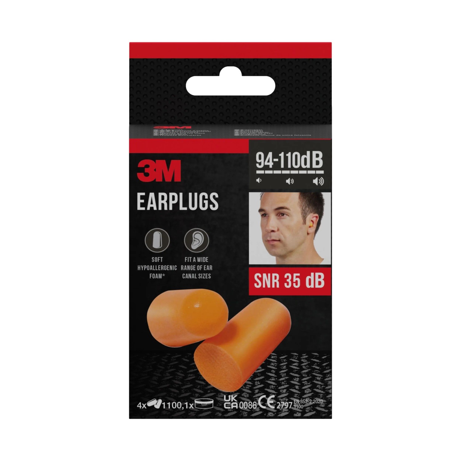 3M Gehörschutzstöpsel 1100 im Karton, orange, SNR 35 dB.