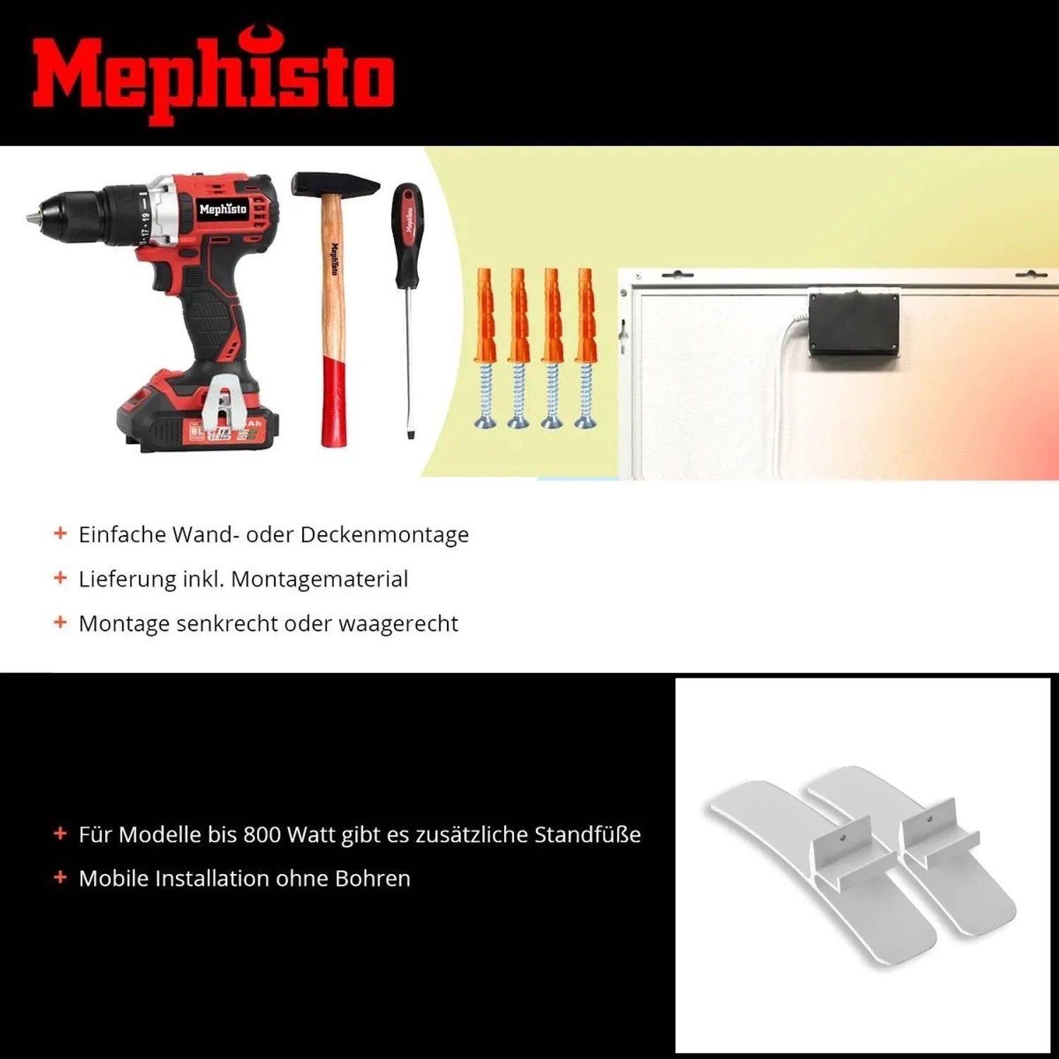 Mephisto Infrarotheizung Zubehör: Bohrmaschine, Hammer, Schraubenzieher, Dübel, Wandhalterung und Standfüße.