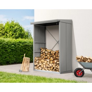 EcoStar Kaminholzregal Elegant-V aus Metall in Graualuminium mit Holzfüllung.