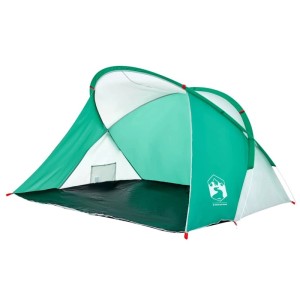 Meergrünes Pop-Up Strandzelt mit weißem Dach und dunklem Boden. Offener Eingang, ideal für Camping & Sonnenschutz.