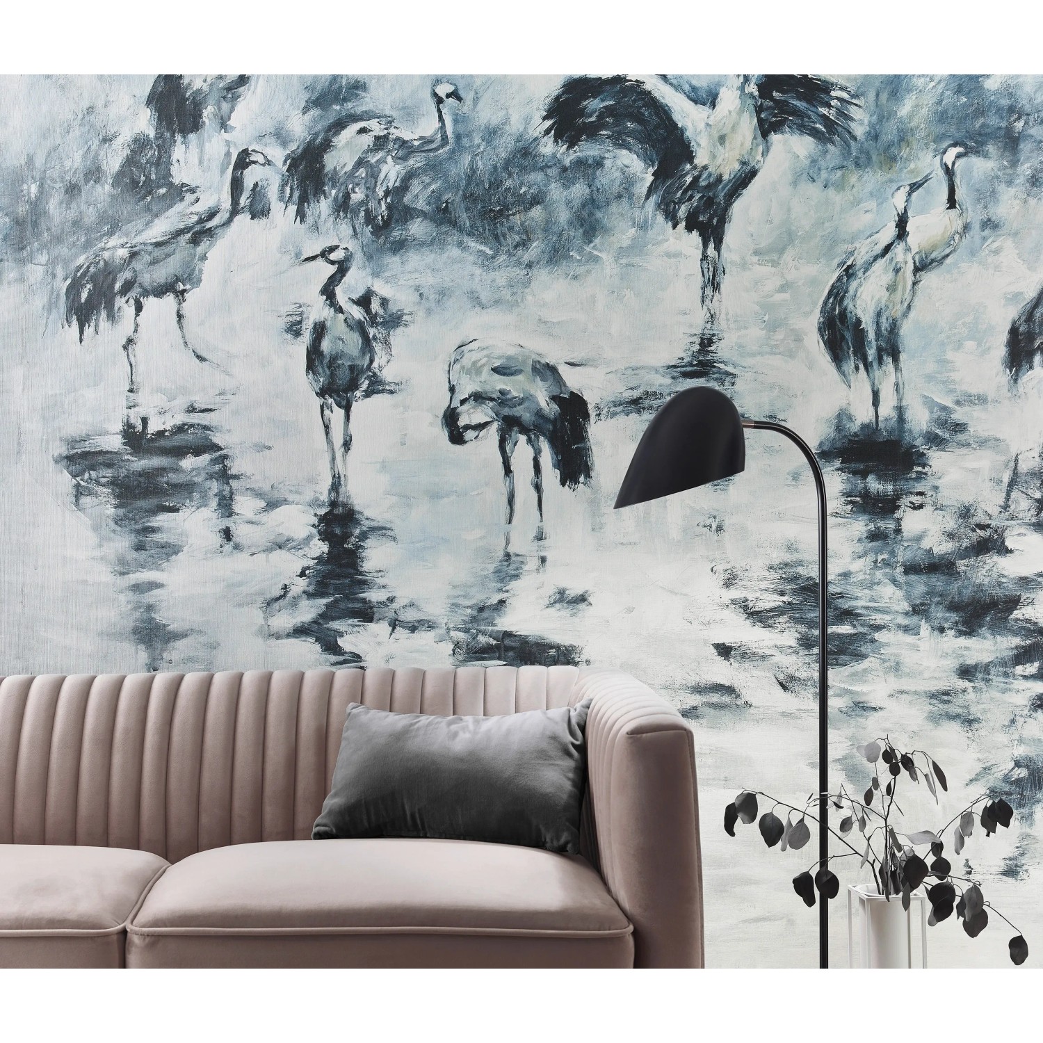 Erismann Fototapete Guido Maria Kretschmer Kraniche blau, Malerei mit Kranich-Motiv.