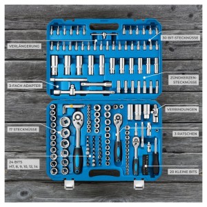 Tectake Steckschlüsselsatz, 171-teilig im blauen Koffer. Werkzeug aus Chrom Vanadium Stahl.