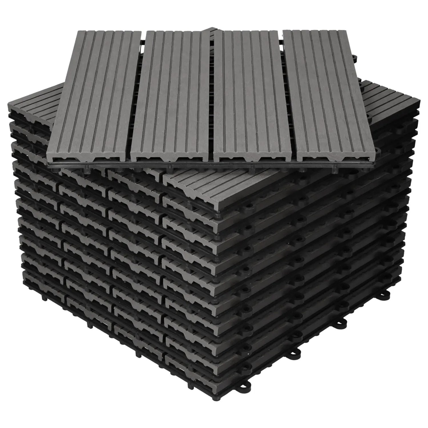 ECD Germany WPC Terrassenfliesen, 11er Set, 30x30 cm, Anthrazit Holzoptik, gestapelt.