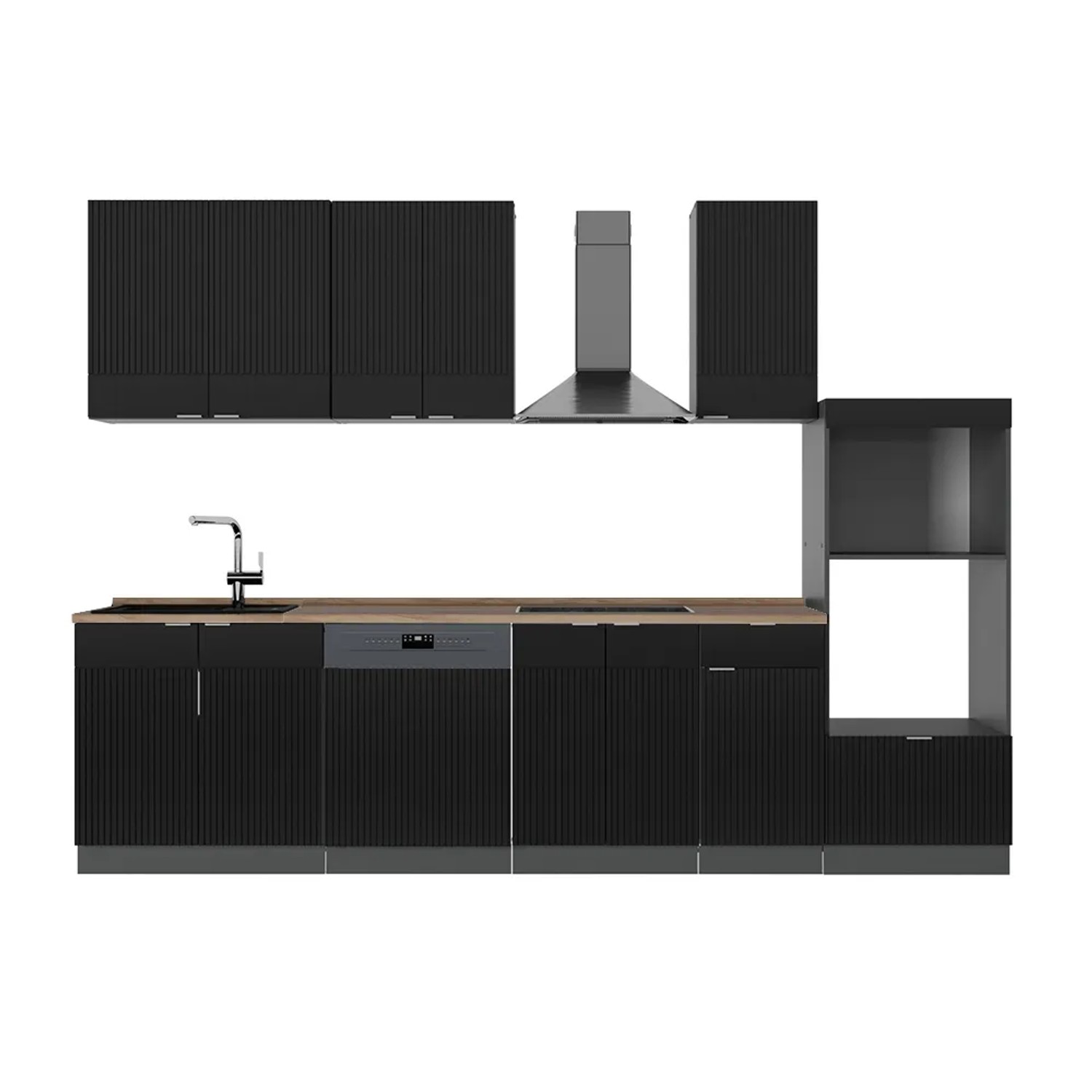 Vicco Fame-Line Küchenzeile Schwarz gestreift/Anthrazit 300 cm mit HochschrankAP Eiche ohne E-Geräte