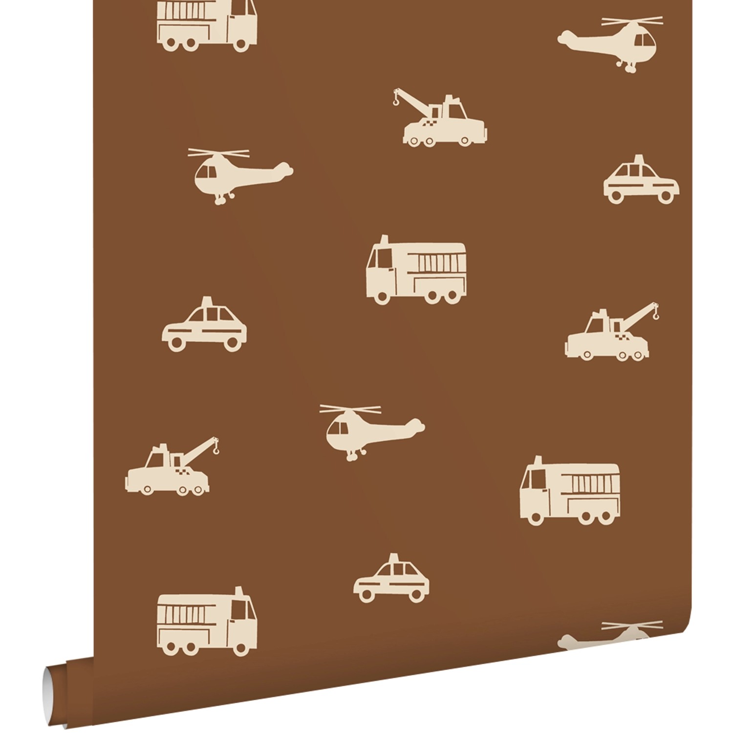 ESTAhome Tapete Autos Löschfahrzeuge Hubschrauber und Kräne Braun 50 x 900 günstig online kaufen