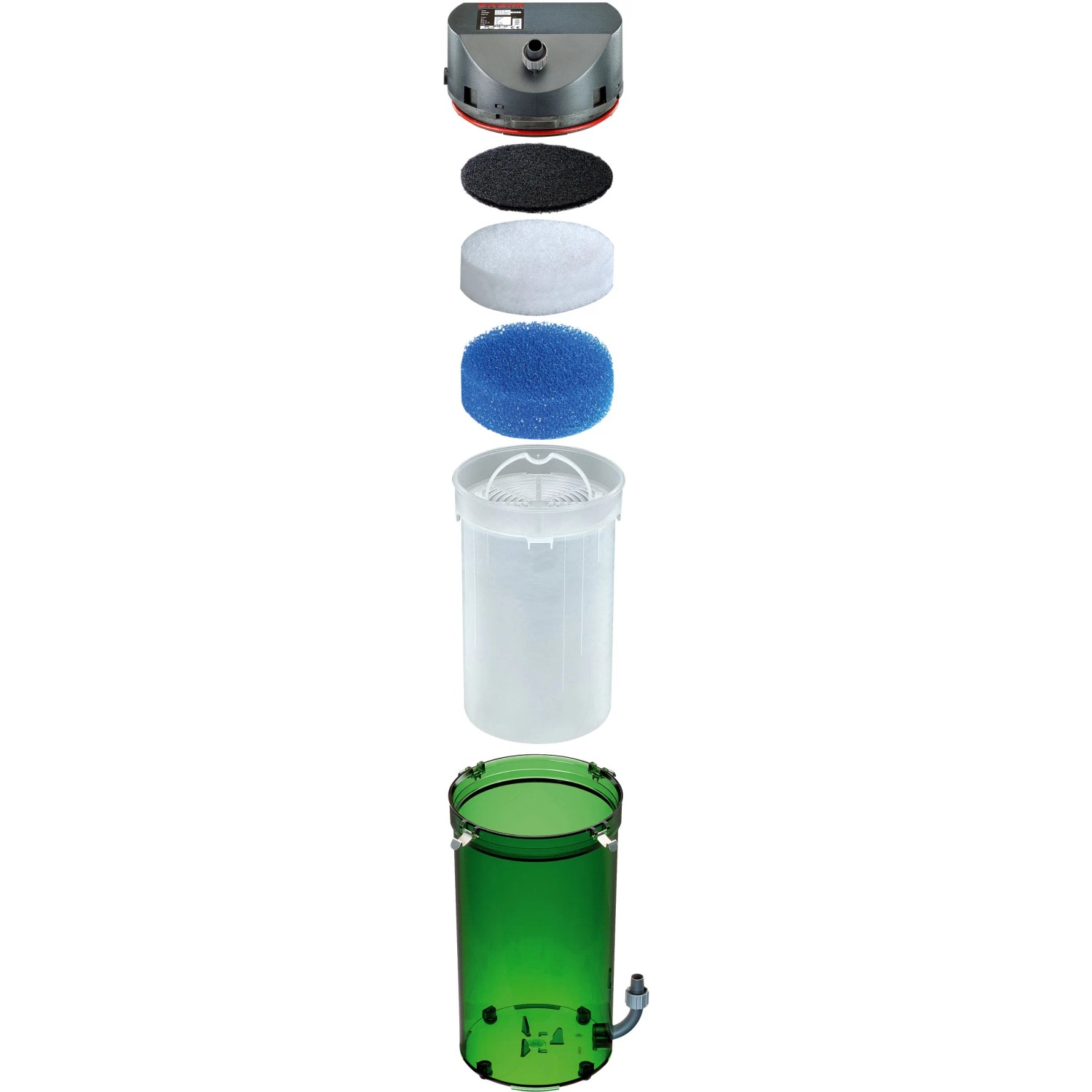 Eheim Classic 250 Außenfilter für Aquarien, mit Filtermaterialien und Zubehör im Explosionsbild.