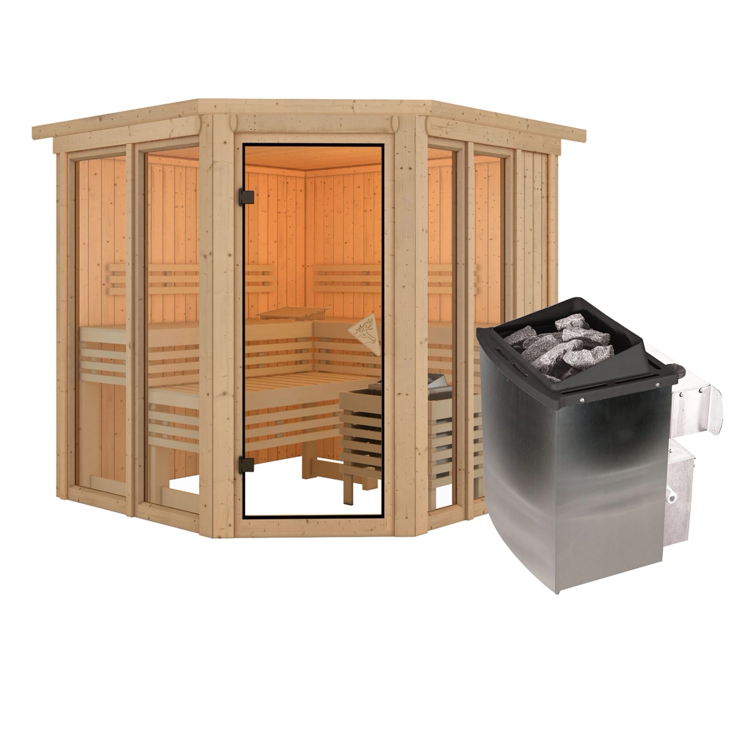 Karibu Sauna Airini mit Kranz und Ofen 9 kW Integriert Naturbelassen günstig online kaufen