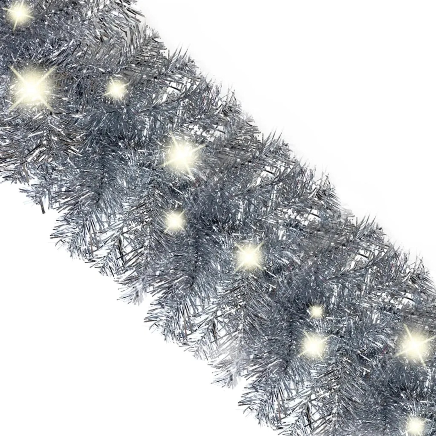 Silberne Weihnachtsgirlande aus PVC mit funkelnden LED-Lichtern. 10 m lange festliche Dekoration.