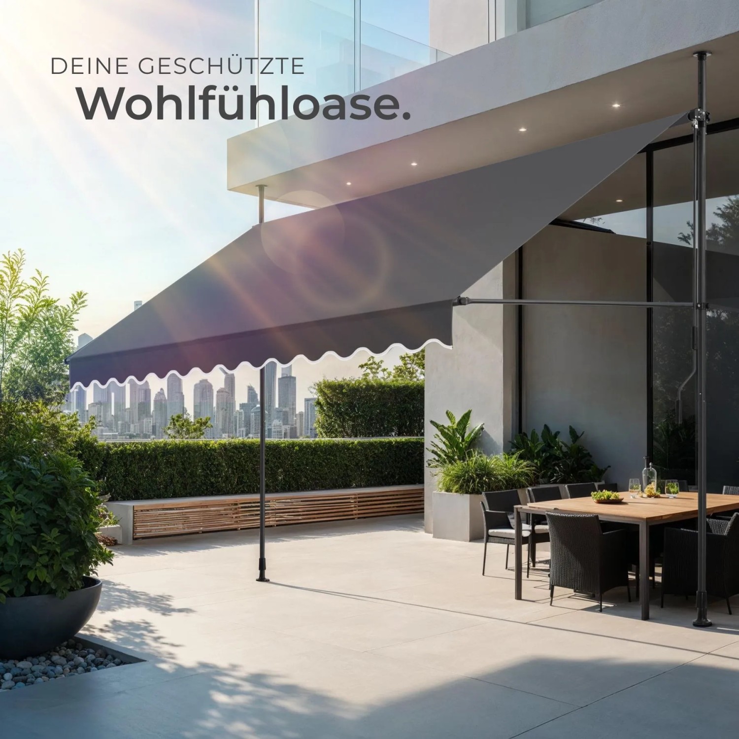 Graue Tectake Klemmmarkise mit Handkurbel auf Terrasse, spendet Schatten über Esstisch. UV-beständiger Sonnenschutz.