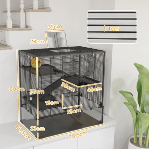 Schwarzer PawHut Zwerghamsterkäfig aus Stahl und Glas mit mehreren Ebenen, Laufrad, Hütte und Zubehör.