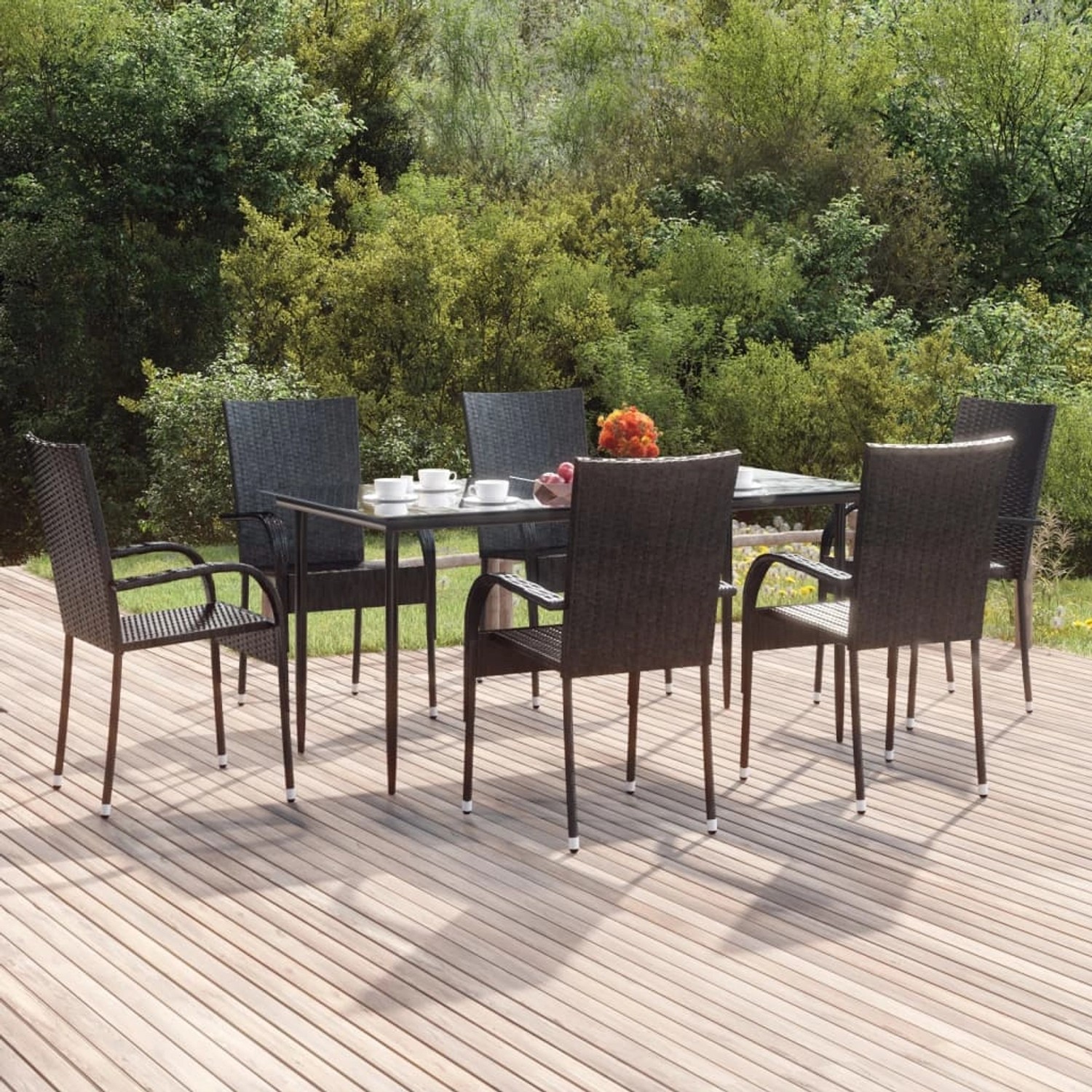 Schwarze 7-tlg. Garten-Essgruppe aus Poly Rattan mit Tisch und 6 Stühlen.