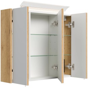 Posseik Spiegelschrank 75 cm Eiche Gold mit LED-Lampe und Glasböden, offene Türen.