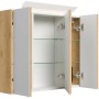 Posseik Spiegelschrank 75 cm Eiche Gold mit LED-Lampe und Glasböden, offene Türen.