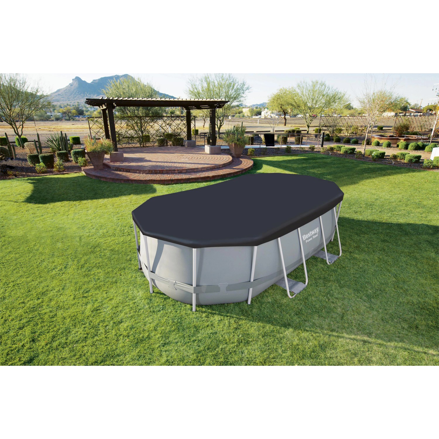 Bestway Pool Abdeckplane, schwarz, oval, für Pools mit Ø 427 x 250 cm. Schutz vor Schmutz.