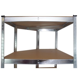 TRUTZHOLM Eckregal, Schwerlastregal mit verzinktem Metallrahmen und braunen MDF-Böden.