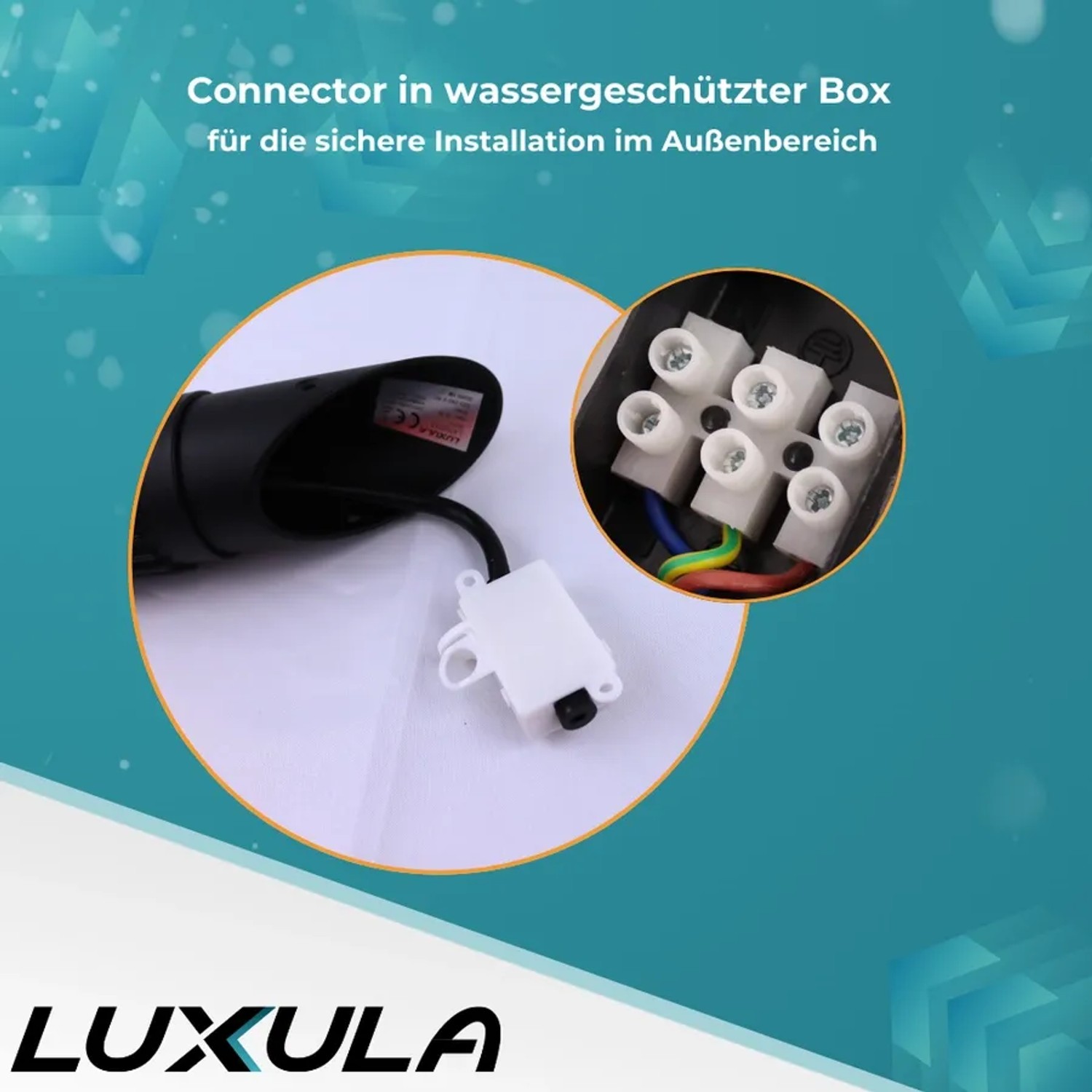 Detailaufnahme der LUXULA Außenwandleuchte: Wasserdichter Anschluss für sichere Installation.