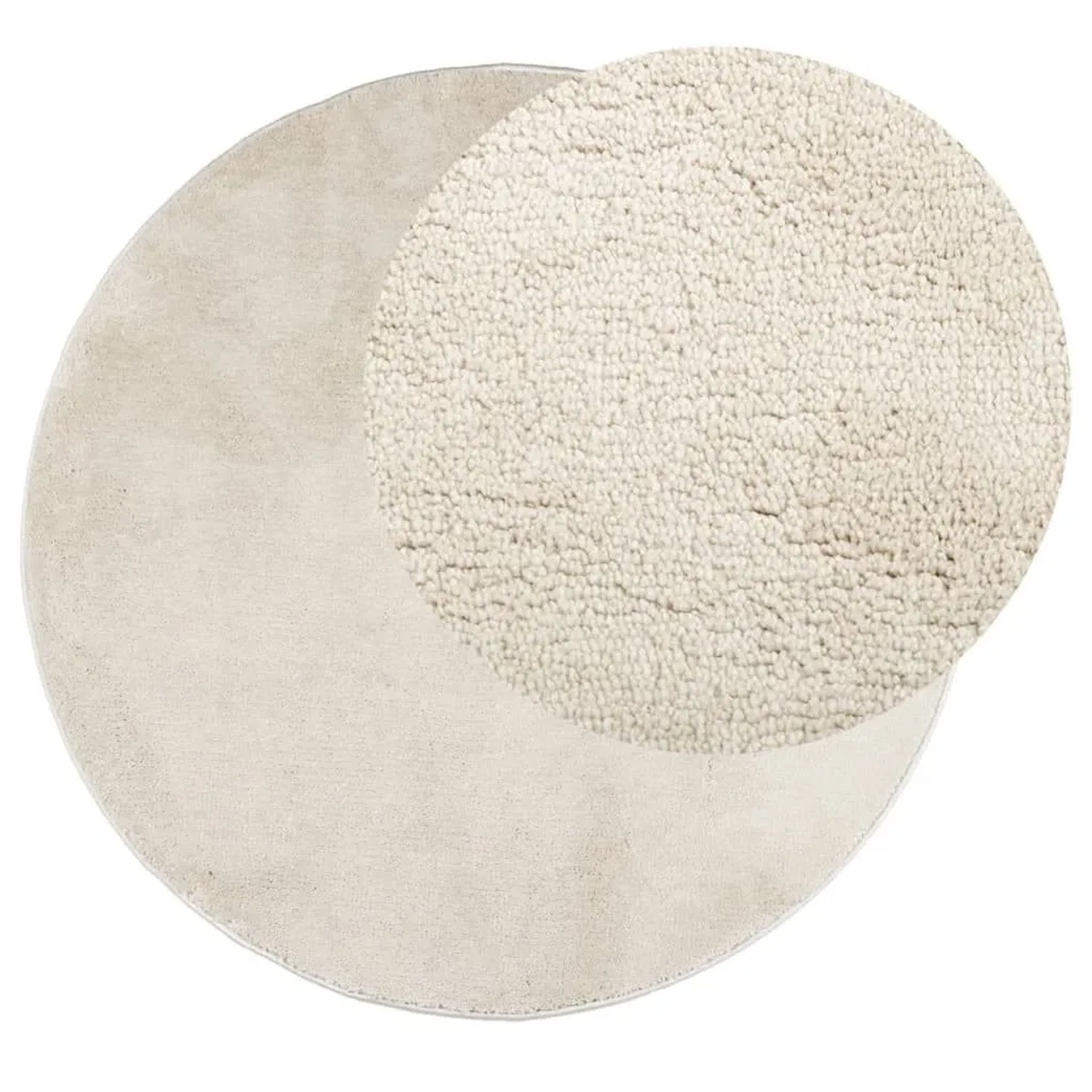 Runder beiger Kurzflorteppich OVIEDO, Ø 120 cm, mit Detailansicht der weichen, dichten Florstruktur.