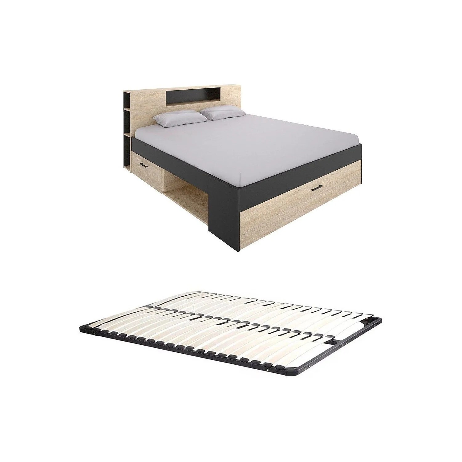 Vente-unique Bettrahmen Leandre Anthrazitgrau  Naturfarben Hell 218.5 cm