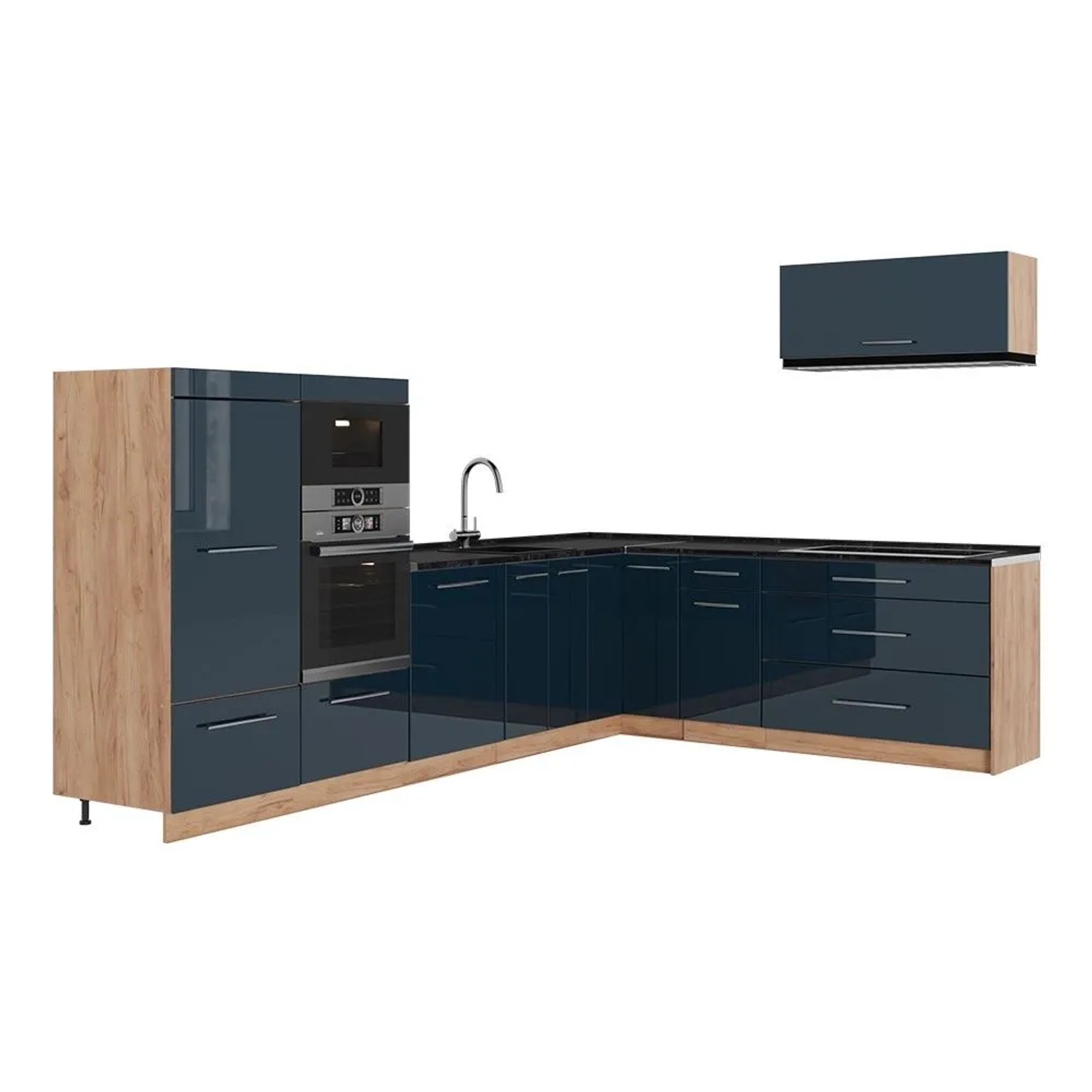 Vicco Eckküche Fame-Line Dunkelblau Hochglanz/Goldkraft Eiche 327 x 154 AP Anthrazit Art Nr 65747