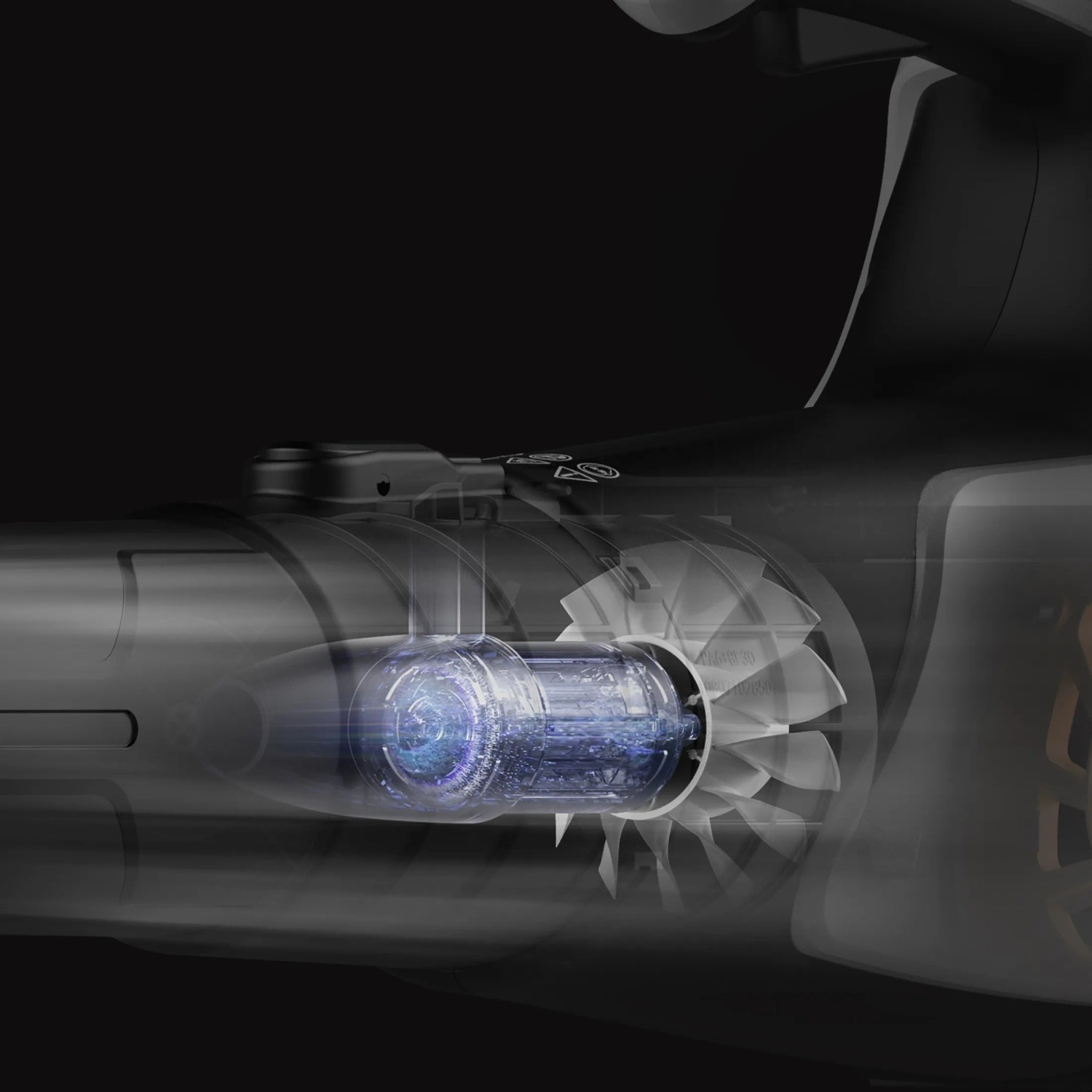 Detailaufnahme des Litheli Akku-Laubbläsers mit Einblick in den Motor.