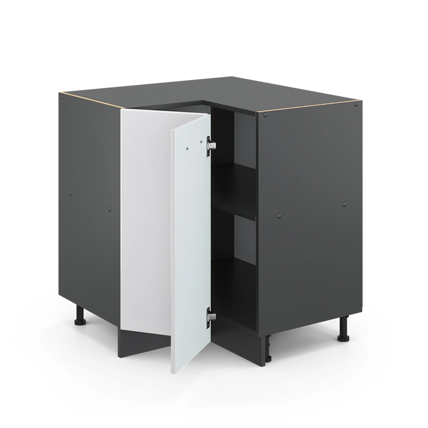 Vicco Eckunterschrank R-Line, weiß hochglanz/anthrazit, 76 cm, mit offener Tür und zwei Regalböden.