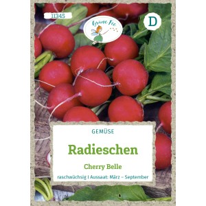 Saatgutpackung Grüne Fee Radieschen Cherry Belle: Kirschrote, runde Radieschen mit Grün.