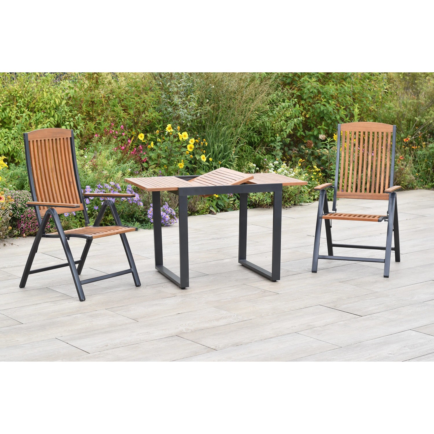 Merxx Athos 3-tlg. Gartenmöbel-Set mit Klappsesseln und Ausziehtisch aus Akazienholz.