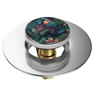 SANILO Pop Up Waschbeckenstöpsel Exotic mit Papagei und Dschungelmotiven.
