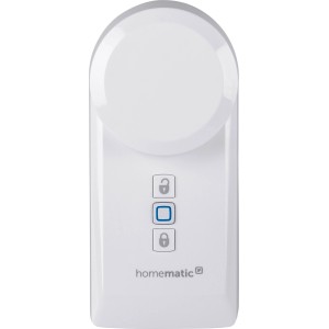 Weißer Homematic IP Türschlossantrieb mit Verriegelungssymbolen und Logo für Hausautomation.