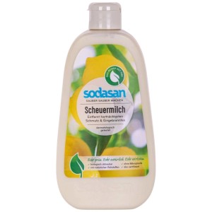 Sodasan Scheuermilch 500 ml in weißer Kunststoffflasche mit Zitronen-Design. Für kratzfreie Reinigung von harten Oberflächen.